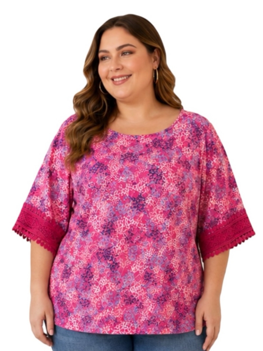 Woman Within 4X Pink Floral Top Crochet Lace Sleeve Boho Plus Size Blouse